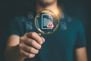 Foto: Formular-Icon mit Rufzeichen auf einer Lupe